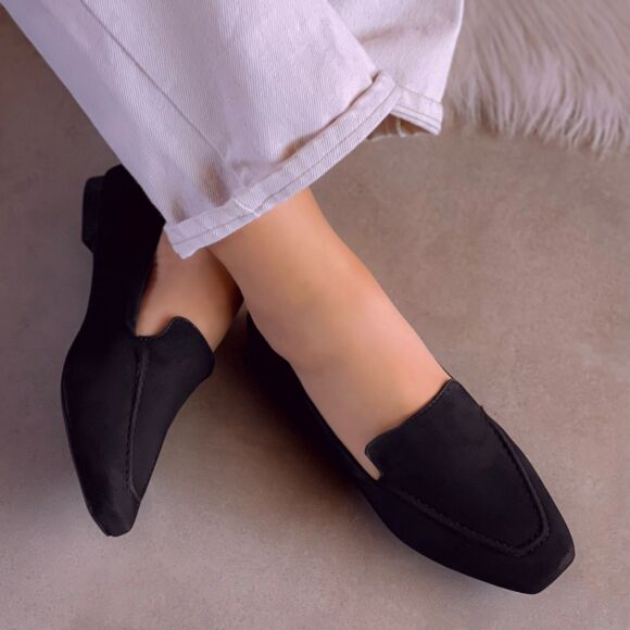 Mocassim Feminino Camurça Bico Quadrado Liso Preto Loja de Sapatos