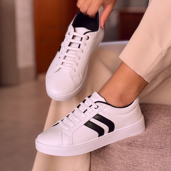 Tênis Casual TÃªnis Branco Com Listras Pretas TÃªnis Flatform