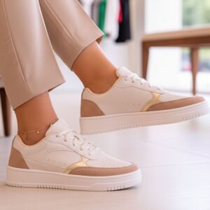 Tênis Manu Off Detalhe Bege e Ouro