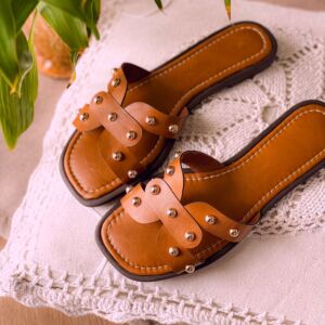 Rasteirinha Feminina H Com Bolinhas Caramelo