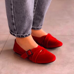 Sapatilha Mary Jane Tiras em X Camurça Vermelho